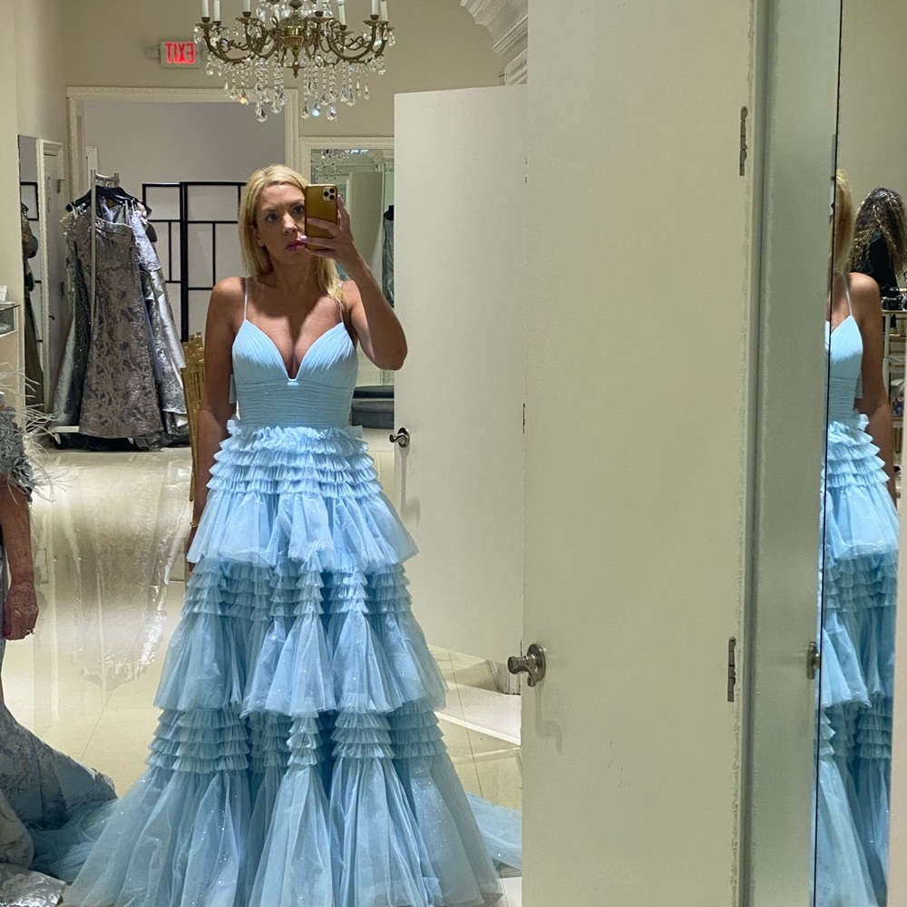 Sherri hill light blue ruffle layers